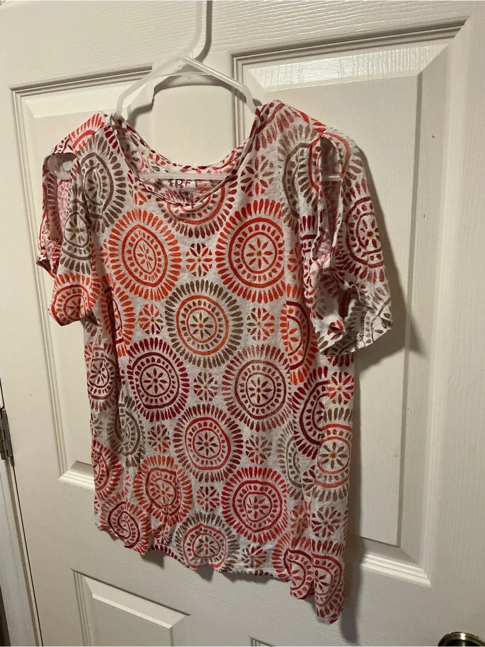 LOFT Linen Blend Medallion Print Puff Sleeve Top Large Boho